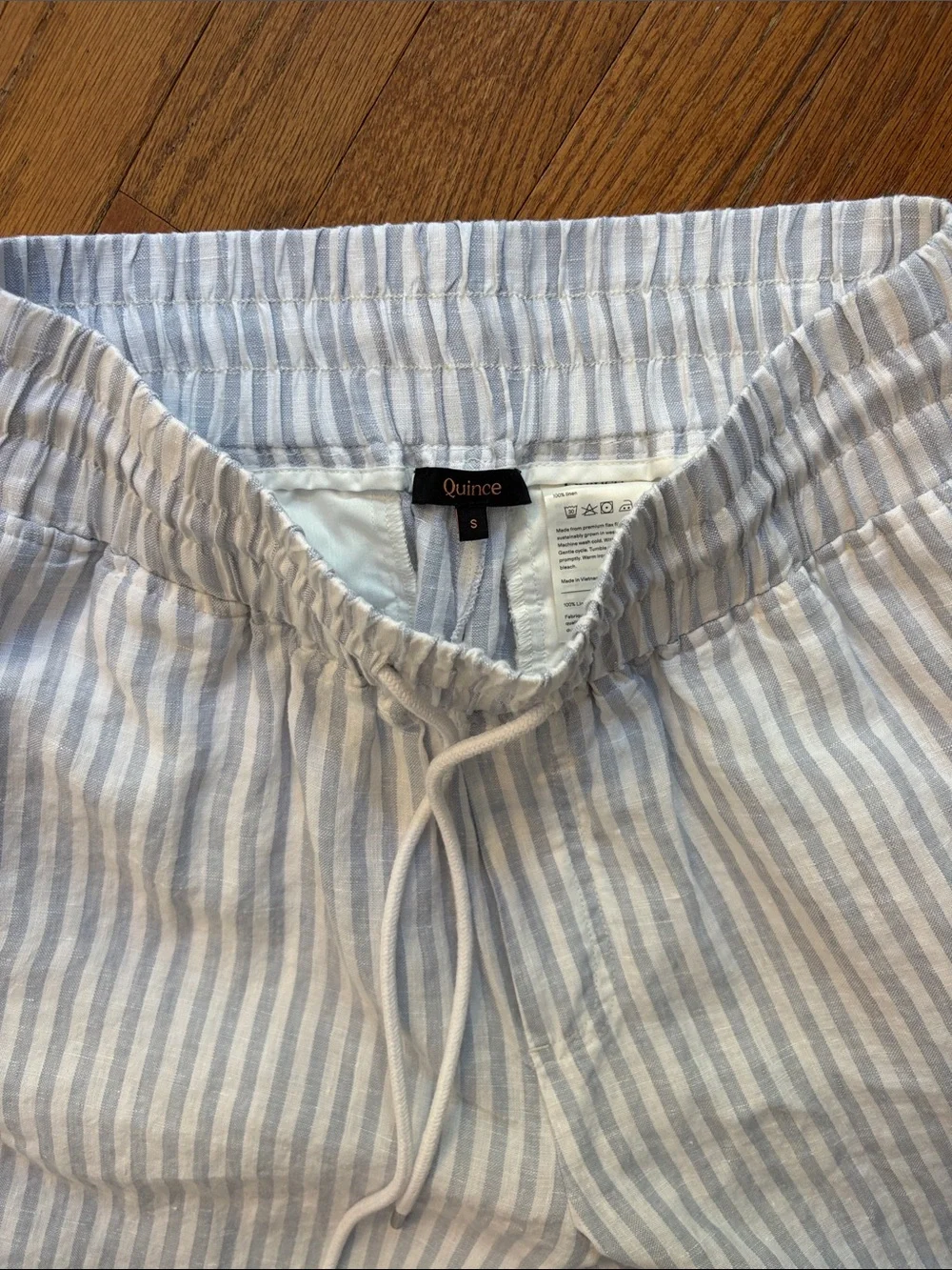 Women’s Quince Linen Wide Leg Pants Sky Blue Mariner Stripe Small Long
